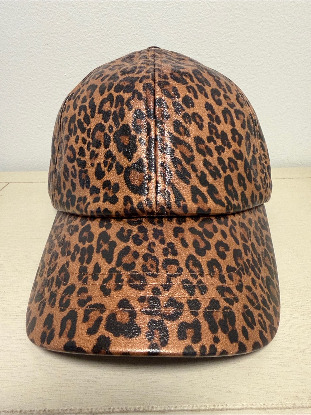 Ponyflo Leopard Print Faux Leather Ponytail Baseball Hat Messy Bun Cap